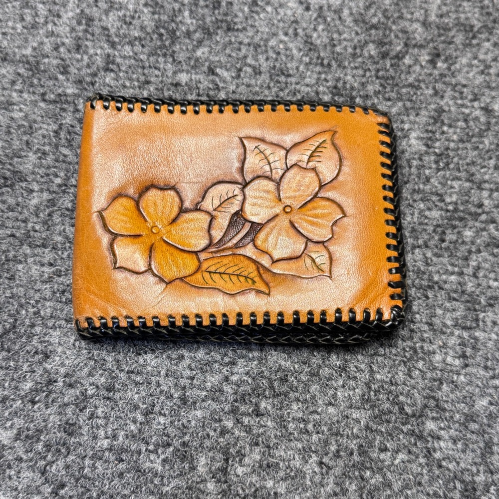 Unbranded Tooled Leather Wallet Mens OS Tan Floral Western Cowboy Bifold Boho